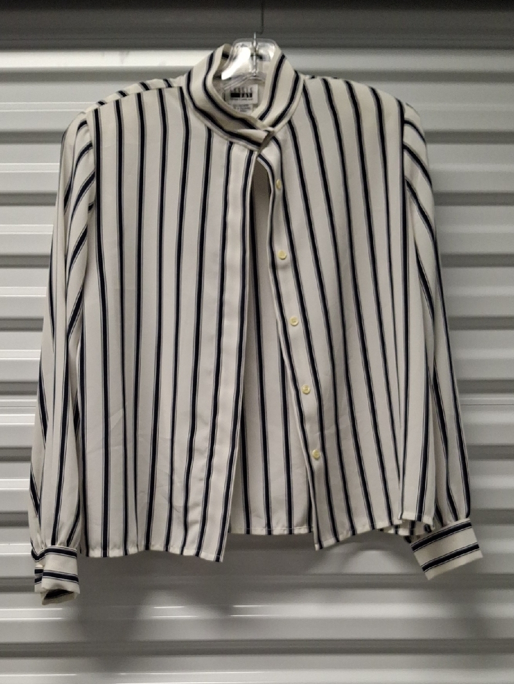 Leslie Fay White Button-Up Jacket with Black Vertical Stripes